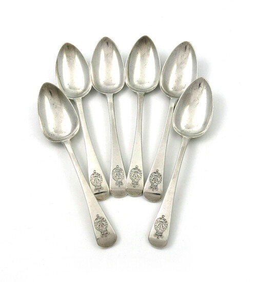 A set of six George III silver regimental dessert spoons