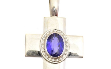 A tanzanite and diamond cross pendant