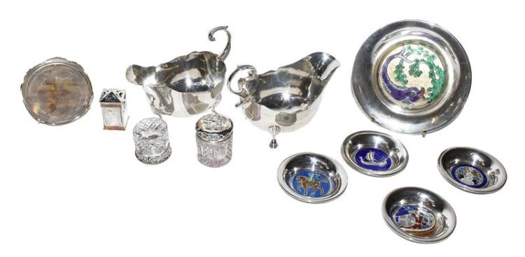 A tray of silver items including a pair of sauceboats...