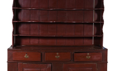 AMERICAN COUNTRY MAROON PAINTED STEP BACK HUTCH/DRESSER, LATE 18TH/EARLY 19TH CENTURY 81 1/2 x 72 1/2 x 24 1/2 in. (207 x 184.2 x 62.2 cm.)