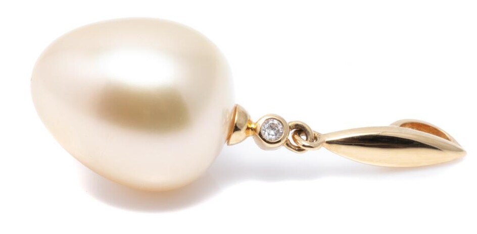 AN 18CT GOLD PEARL AND DIAMOND PENDANT; featuring a fine light golden drop shape cultured pearl (15 x 13mm) of good lustre surmounte...