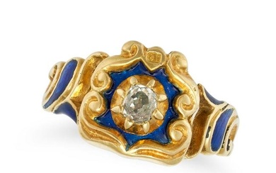 AN ANTIQUE DIAMOND AND ENAMEL MOURNING RING in yellow gold, set with an old cut diamond accented by