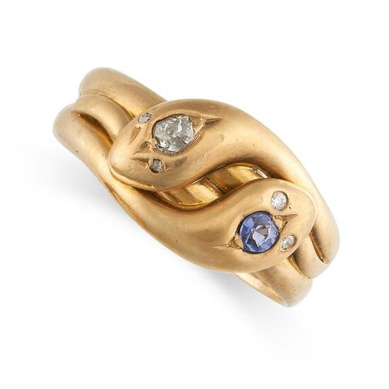 AN ANTIQUE SAPPHIRE AND DIAMOND SNAKE RING in 18ct