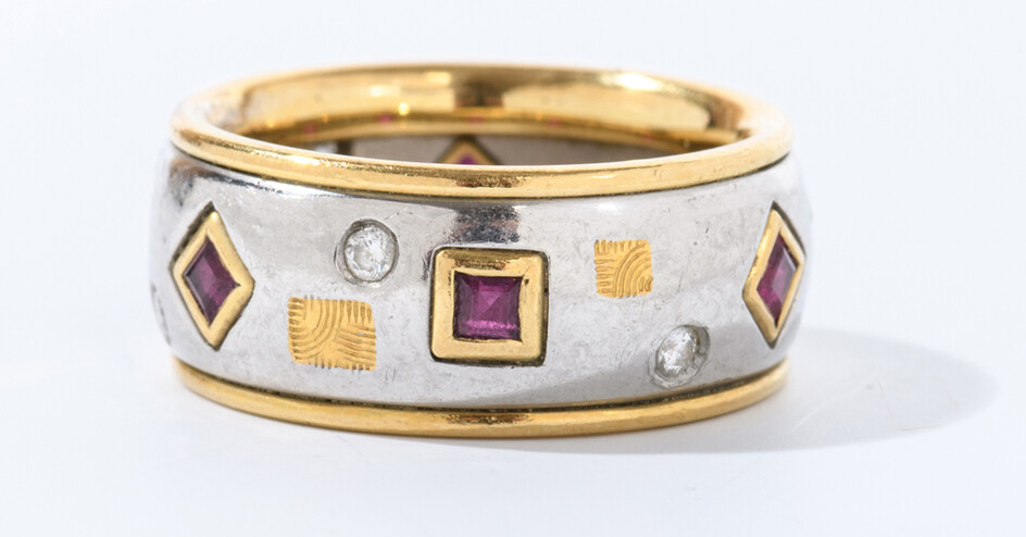 ARTISAN-CRAFTED CONTEMPORARY 18K YELLOW AND WHITE GOLD, DIAMOND AND RUBY...