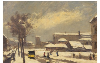 Achille Cattaneo (Limbiate 1872 - Milano 1931) SNOW-COVERED CITY oil on canvas, 50.5x65 cm signed...