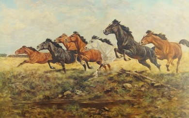 After George Majewicz, German 1897-1965- Horses galloping; oleograph on canvas, signed within the plate, 62 x 90 cm