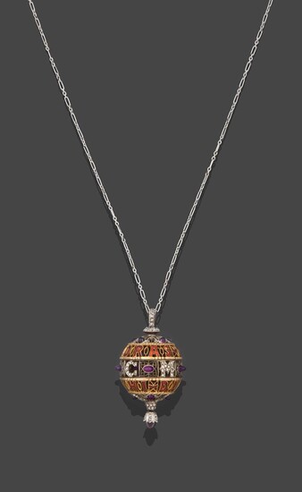 An Amethyst, Diamond and Enamel Pendant on Chain, 1911, the openwork ball with red enamel lettering
