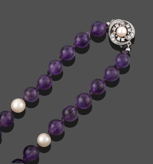 An Amethyst and Cultured Pearl Necklace, the round amethyst beads...