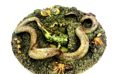 An Antique Palissy, Jose Cunha Majolica Porcelain Bowl Depicting Molded Ornate Snake, Lizard & Insect Detail