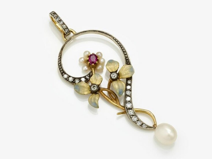 An Art Nouveau pendant with diamonds, rubies and pearls