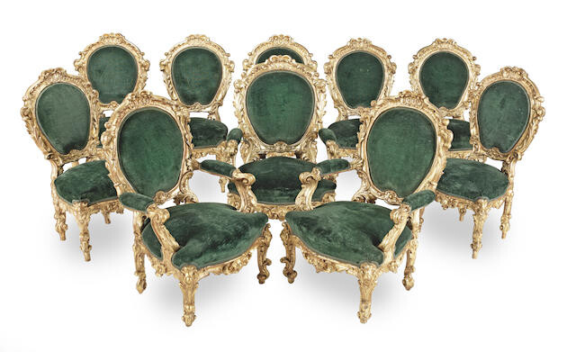 An Italian 19th century giltwood suite of 'palazzo' seat furniture comprising seven side chairs and three armchairs