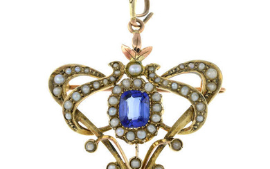 An early 20th century 9ct gold synthetic sapphire and split pearl brooch/pendant.