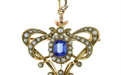 An early 20th century 9ct gold synthetic sapphire and split pearl brooch/pendant.