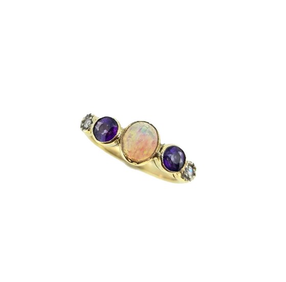 An opal, amethyst and diamond ring