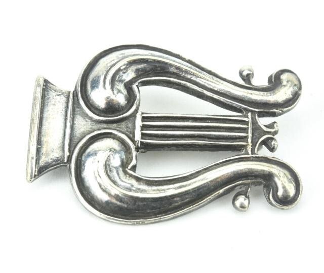 Antique 19th C Lyre Form Sterling Silver Brooch