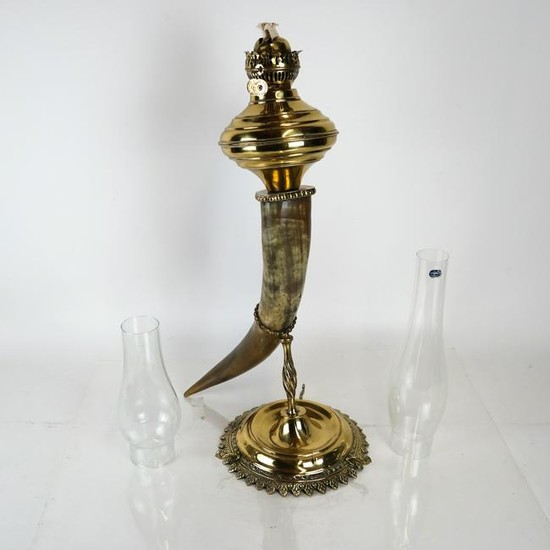 Antique Horn & Brass Oil Lamp