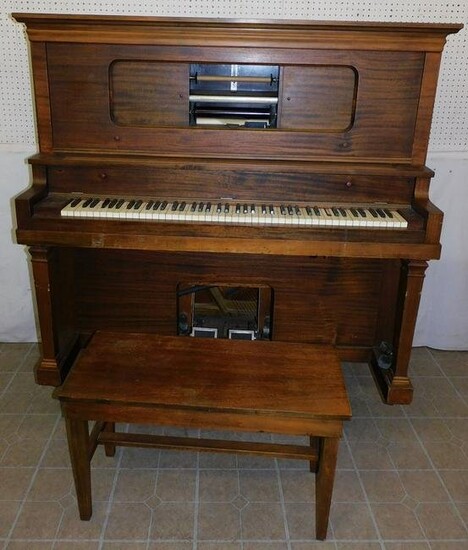 Antique Mahogany Upright Player Piano & Bench