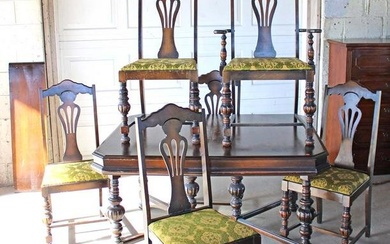 Antique depression walnut 7pc dining room table with 6 chairs and (1) 12" leaf (all as is)