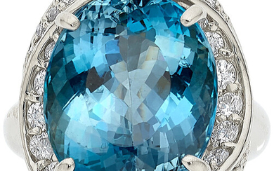 Aquamarine, Diamond, Platinum Ring Stones: Oval-shaped aquamarine weighing 13.08...