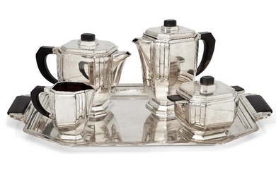 Argental, French Art Deco coffee and tea set, circa 1930, Silver plated metal, ebony, Each part stamped with manufacturer's marks, Tray : 55cm x 34cm ; Coffee pot : 20.5cm high ; Teapot : 17cm high ; Milk jug : 10.5cm high ; Sugar pot : 12cm high