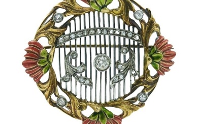 Art Nouveau 18k Gold & Platinum Enameled Brooch with European Cut Diamonds