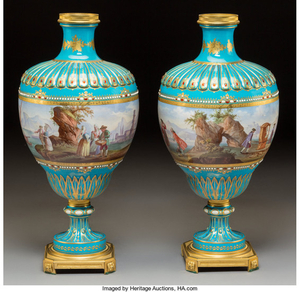 Artist Unknown, A Pair of French Sevrés-Style Partial Gilt and Enamele Jeweled Porcelain and Gilt Bronze Urns (third quarter 19)