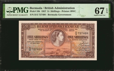 BERMUDA. Lot of (3). Bermuda Government. 5 Shillings, 1957. P-18b. Consecutive. PMG Gem Uncirculated 66 EPQ & Superb Gem Unc 67 EPQ.