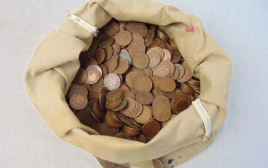 Bag filled with 2 cent coins, Caribbean Territories, Queen Elizabeth the Second, 1950's, 60's