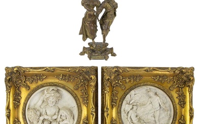 Beautiful late 19th century bronze sculpture, representing a dansing couple, called 'Pas de quartes' , signed Barthelemy and 2 high-relief plaques after Edward William WYON
