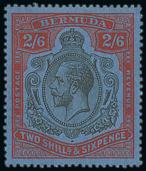 Bermuda 1924-32 Script 2/6d. grey-black and dull scarlet-vermilion on grey-blue, very fine min...