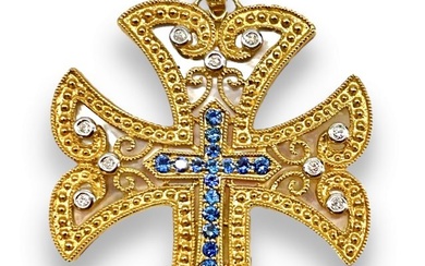 Bold 14kt Yellow Gold Mother Of Pearl Diamond & Sapphire Cross Pendant