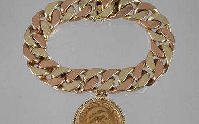 Bracelet lourd en cuir avec pendentif en forme de pièce de monnaie vers 1980, or...