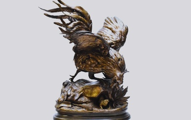 Bronze signé Jules Moigniez [1835-1894] "Coq attaquant une belette" hauteur: 77 cm. repris livre" Les...