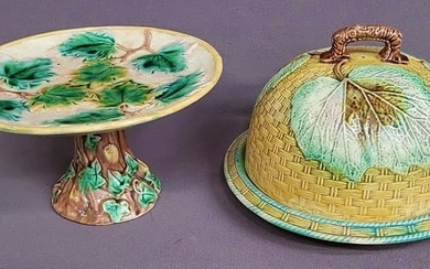 C 1900 Two Majolica Pieces. One a compote with leaf & branch design. Dia. 9.5" hgt 5.5". Compote