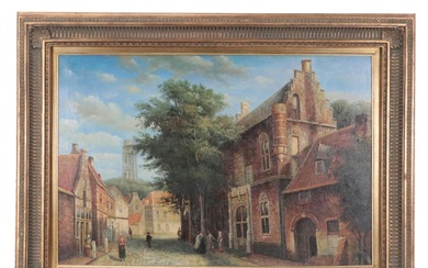 C. Liton Copy Oil Painting After Cornelis Springer of Dutch Street Scene