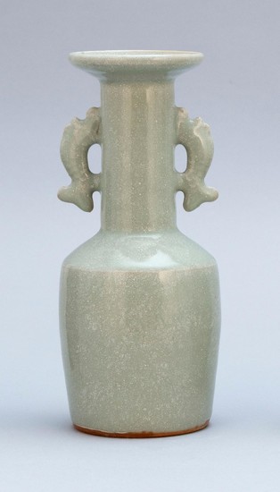 CHINESE CELADON PORCELAIN MALLET VASE In a white-flecked glaze. Animalistic handles at shoulder. Height 7.5".