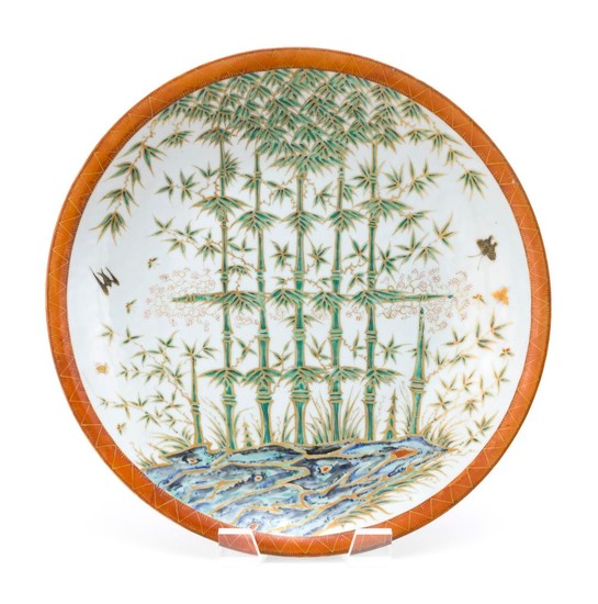 CHINESE PORCELAIN CHARGER With unusual decoration of bamboo lattice, birds and insects. Diameter 16".