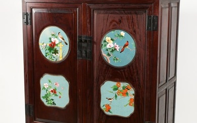 CHINESE ROSEWOOD CABINET W/ 4 CLOISONNE PLAQUES