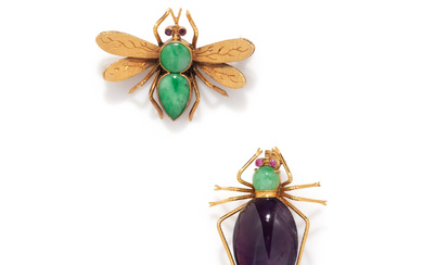 COLLECTION OF YELLOW GOLD AND GEMSTONE INSECT BROOCHES