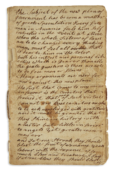 (CONSTITUTION.) Sum Remarks on the Federal Constitution. [14] manuscript pages. 12mo, stitched, leaves...