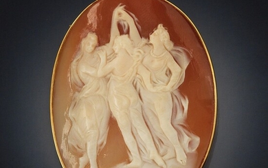 Carved Shell Cameo Brooch Pendant Depicting Three Muses