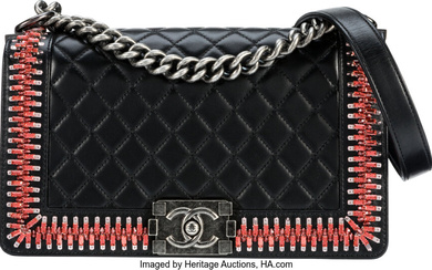 Chanel Black Lambskin Leather & Pink Rhinestone Medium Boy...