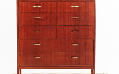 Chest of drawers, mid 20th century, teak veneer, pull handles and key bushings in teak.
