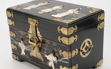 Chinese Black Lacquer and Mother-Of-Pearl Inlay and Brass Jewelry Box