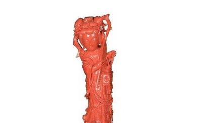 Chinese Coral Carving of a Lady with Wood Stand