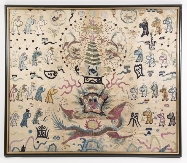 Chinese Embroidered Silk Zodiac Animal Panel, late Qing Dynasty A5WAT