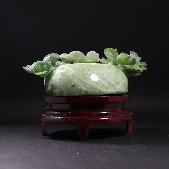 Chinese Green Jade Carved Sculpture Fish Bowl Teak Base