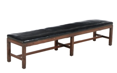 Chippendale Style Mahogany Finish, Vinyl-Upholstered and Brass Tacked Bench