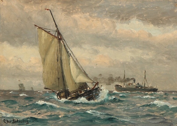 Christian Blache: Seascape with sailing ships and a steamer. Signed Chr. Blache. Oil on paper laid on wood. 21×29 cm.