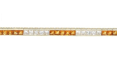 Citrine And Diamond Princess Channel Bracelet In 14k Yellow Gold (3mm)